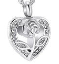 Vintage Flower Crystal Heart Cremation Pendant Keepsake Stainless Steel Silver Plated Rose Ash Holder Memorial Urn for Pet Human