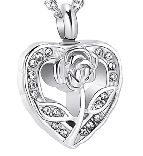 Vintage Flower Crystal Heart Cremation Pendant Keepsake Stainless Steel Silver Plated Rose Ash Holder Memorial Urn for Pet Human
