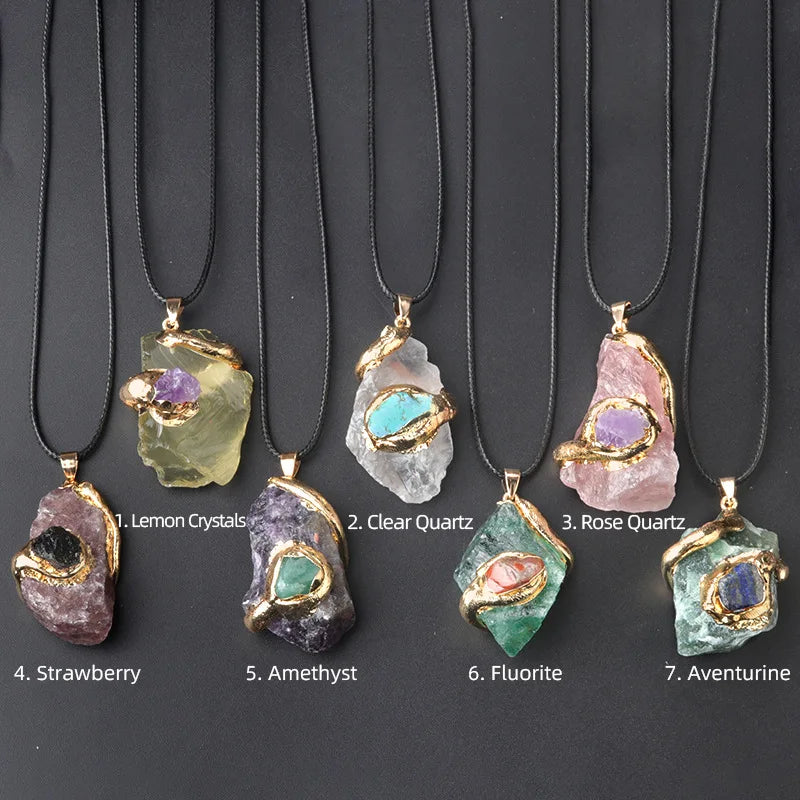 New Style Creativity Crystal Natural Stone Green Aventurine Amethyst Irregularity Raw Gemstone Pendant Necklace
