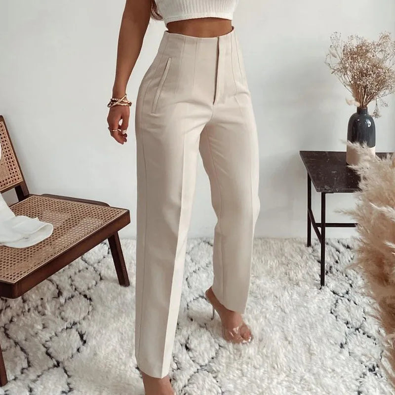 Korean Style Female Fashion High Waist Trousers for Women Straight Leg Work Office Pants