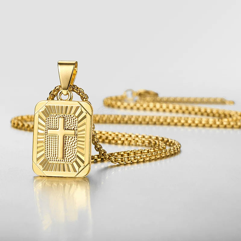 Fashion Stainless Steel Cross Necklace for Men Boys Waterproof 18K Gold Plated Square Cross Pendant Necklace Wholesale