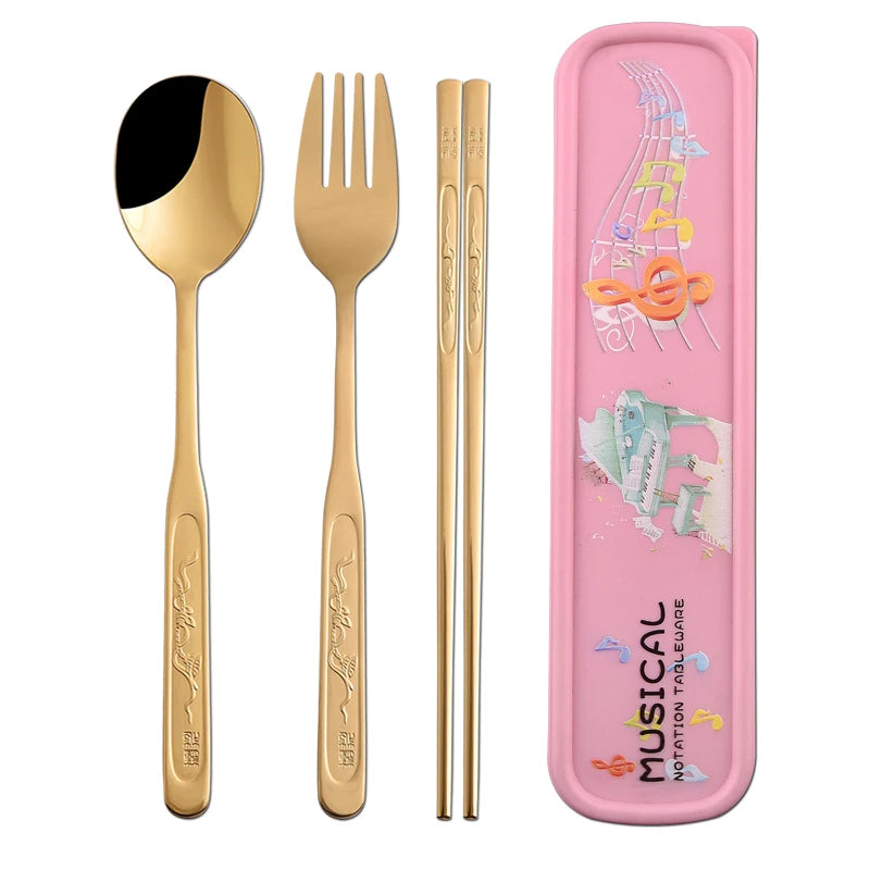 Stainless Steel Tableware Set Classic Gold Plated Outdoor Storage Box Chopsticks Fork Spoon