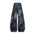 ripped men's jeans Washed denim Hanging sensation Hip hop street wear jeans black blue wide jeans for women