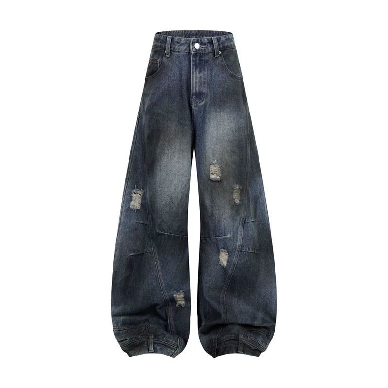ripped men's jeans Washed denim Hanging sensation Hip hop street wear jeans black blue wide jeans for women