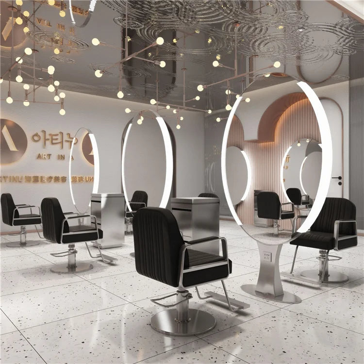 Kisen Beauty Black Metal Furniture Styling Set Makeup Hair Salon Double Mirror Station with Led with Cabinet Integrated