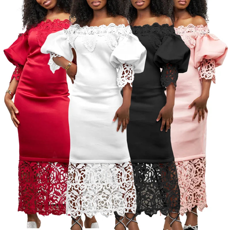 D3244 Retro French Party Dress Waist Closing Patchwork Lace Off Shoulder Lantern Sleeve Elegant Dresses Women Evening Dresses
