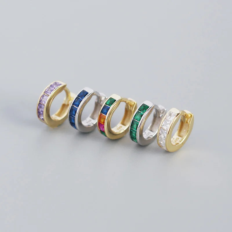 Multi Colored 925 Sterling Silver 1cm Huggie Hoop Earring with Zircon Beads Bezel Paving Earrings Jewelry