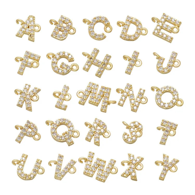 CZ8186 18k Gold Silver Pave CZ Letter Initial Charm Connectors for Personalized Bracelet Micro Pave Alphabet Charm Connectors