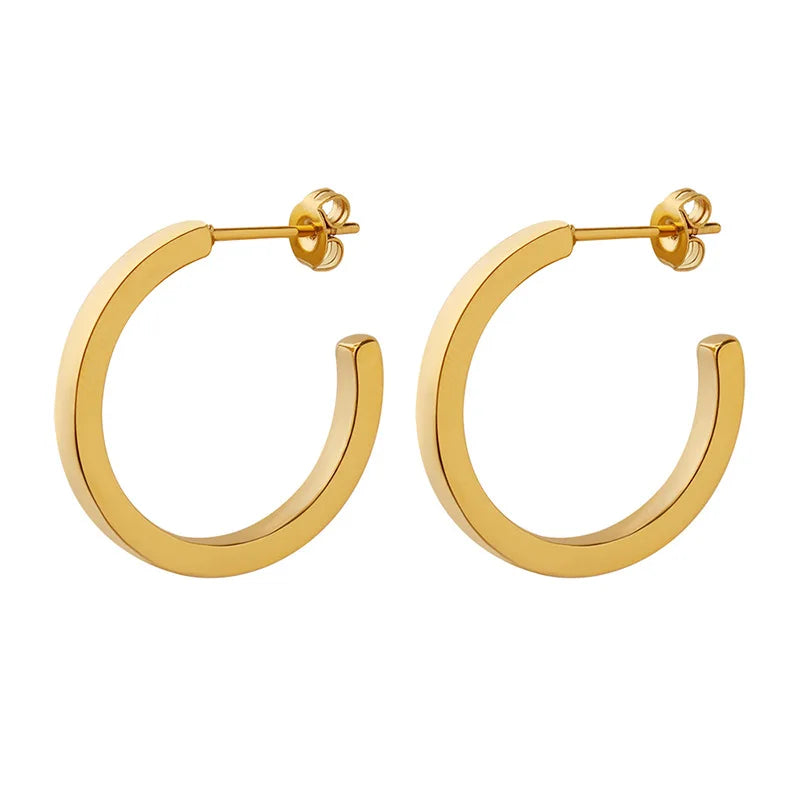 Minimalist Thick C-shaped Opening CC Hoop Earrings 18K Gold Plated Stainless Steel Jewelry  for Girls Non Tarnish