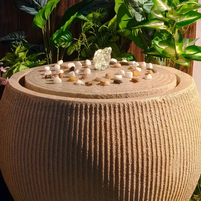 Beige Resin Warm Light Water Flow Carving Holiday Fountain Statue Hand-painted Fashion Flower Theme Outdoor Garden Corner