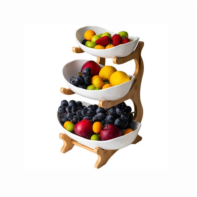 OEM Tiered Ceramic Serving Tray Natural Bamboo Rack 3 Tier Oval Bowl Set