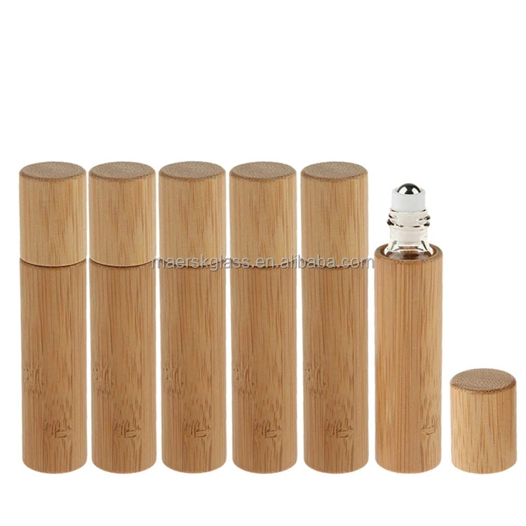 10 ml Portable Roll on Bottle Bamboo Shell Round Refillable Transparent Glass Essential Oil Roll Bottle with Cover