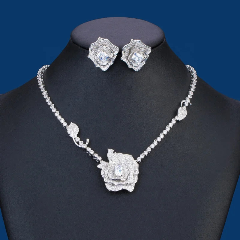 Romantic Rose Jewelry Set for Women Stunning 3A Zirconia Emerald Cut Big Flower Necklace Earrings for Weddings Parties