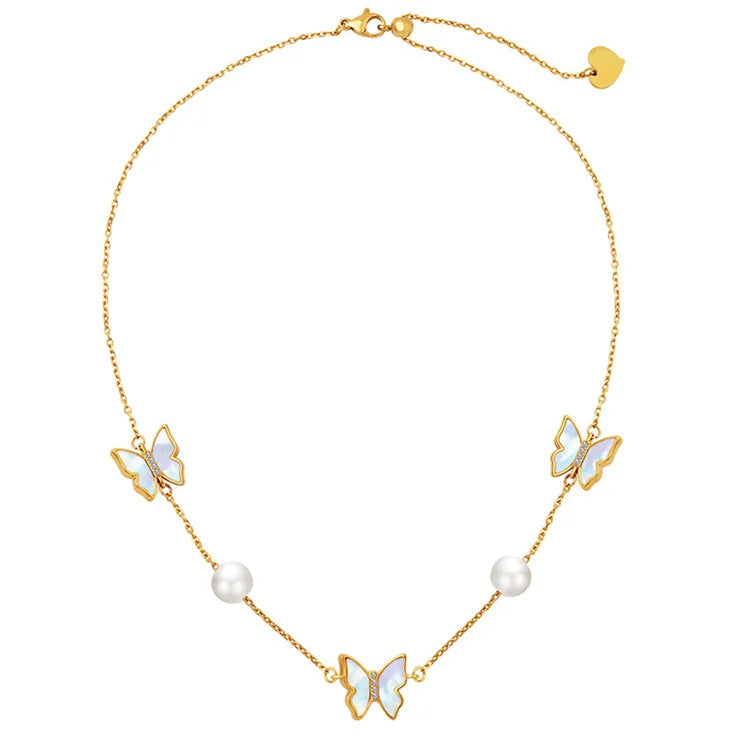Dainty Stainless Steel Link Chain Pearl Charm Shell butterfly Pendant Necklace