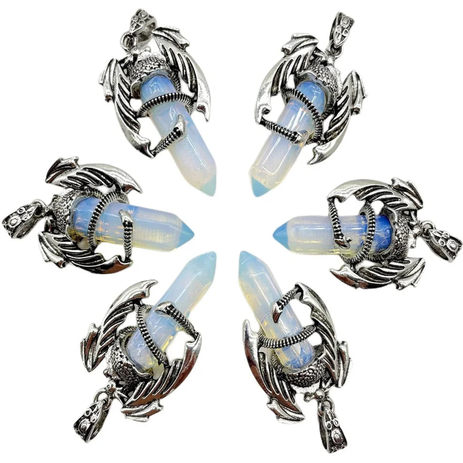 Alloy Dragon Model Pendant Natural Opalite Dragon Ball and Hexagonal Column Decoration Pendant Charm Crystal Gemstone Jewelry