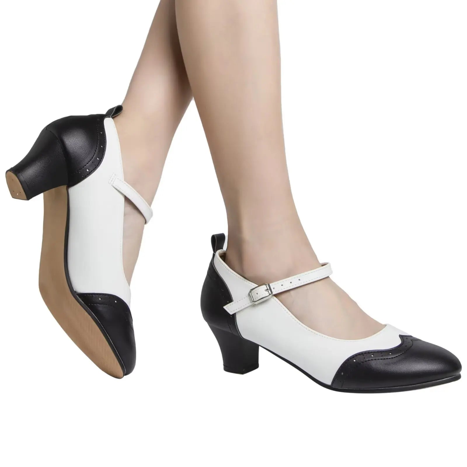 EU & US in Stock Fashionable Synthetic Leather Outsole Character Dance Shoes Black and Tan for Women Heel