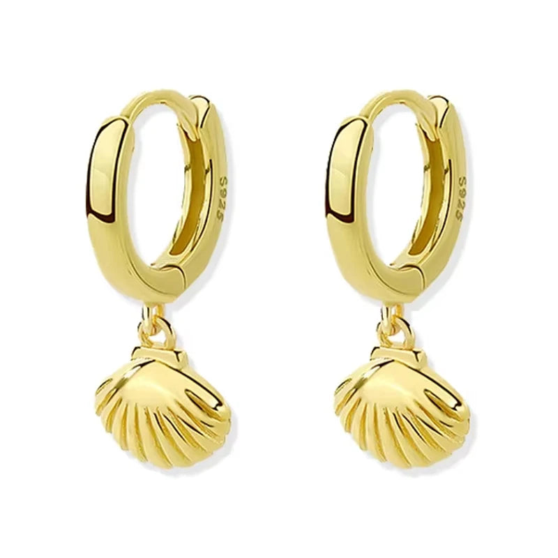 Fashion Wholesale Ocean 925 Sterling Silver Fine Jewelry Gold Plated Dangle Sea Shell Charms Hoop Earrings for Women