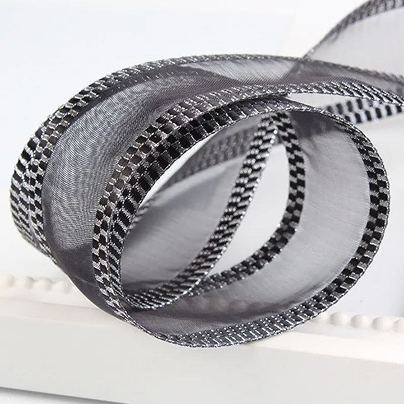 Dingxin Korean Satin Ribbon Double Wide Edge Plaid Silver Mesh for DIY Handmade Bows & Snow Gauze Single Face Style