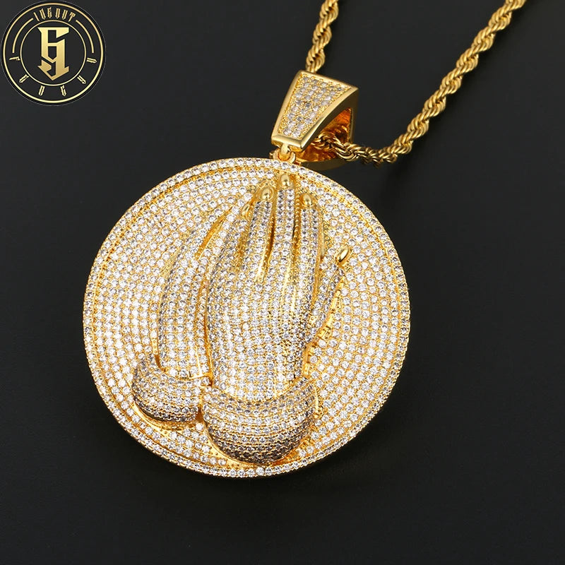 Luxury Hip Hop Style Rapper Jewlery Brass Mrice Paved Cz Diamond Prayed Hands Pendant Necklace Gift for Men