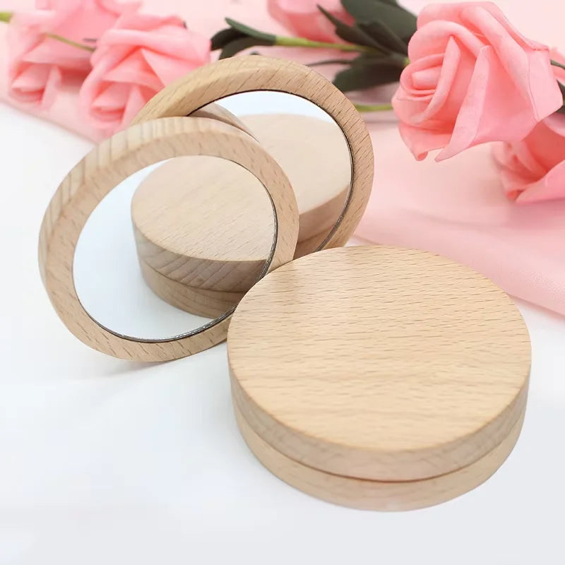 Wooden Pocket Round Handheld Makeup Mirror Portable Compact Cosmetic Desktop  Wood Mirror Small Carry Travel Simple