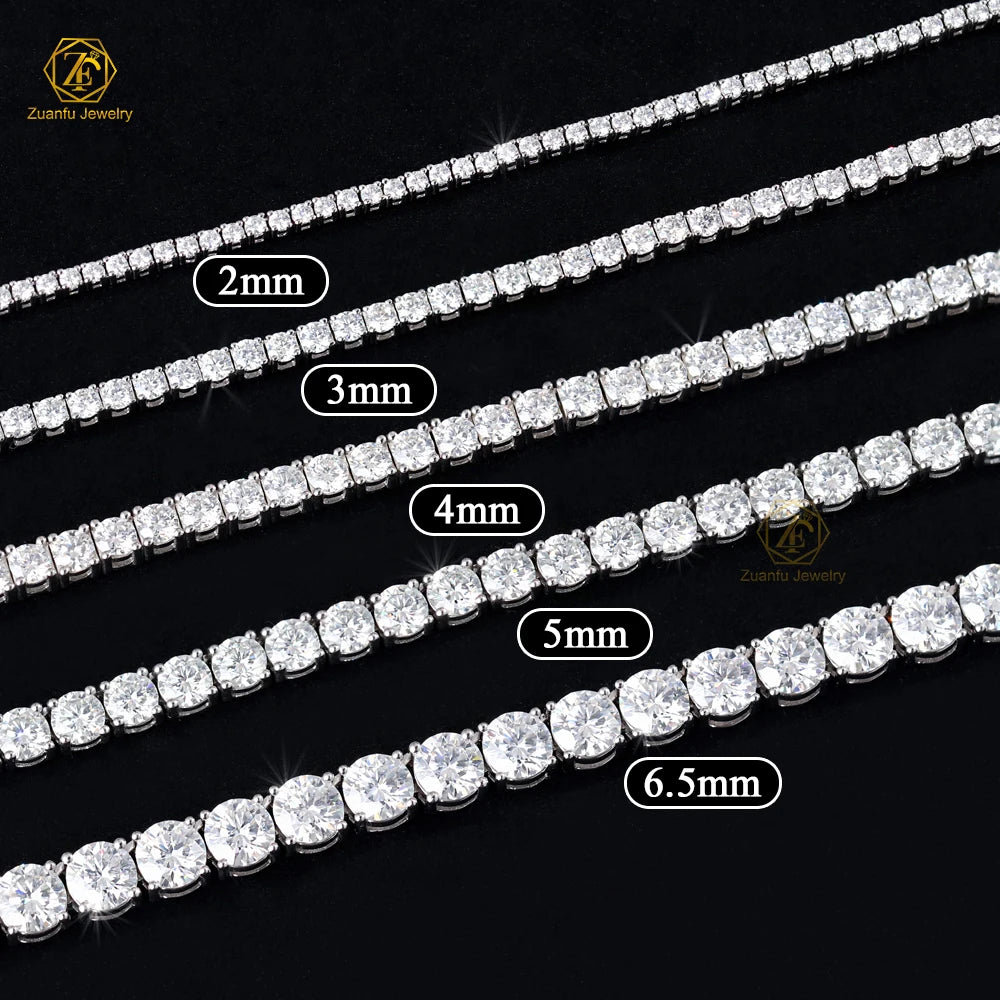 2mm 3mm 4mm 5mm 6.5mm D White Moissanite Diamond Hip Hop Jewelry 925S Silver Tennis Chain Necklace for Men Women
