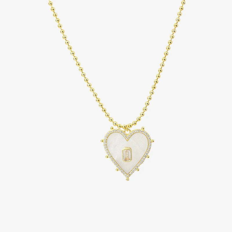 Bead Chain Bezel Baguette Halo CZ MOP Heart 925 Sterling Silver Women Jewelry Gold Plated Pendant Necklace