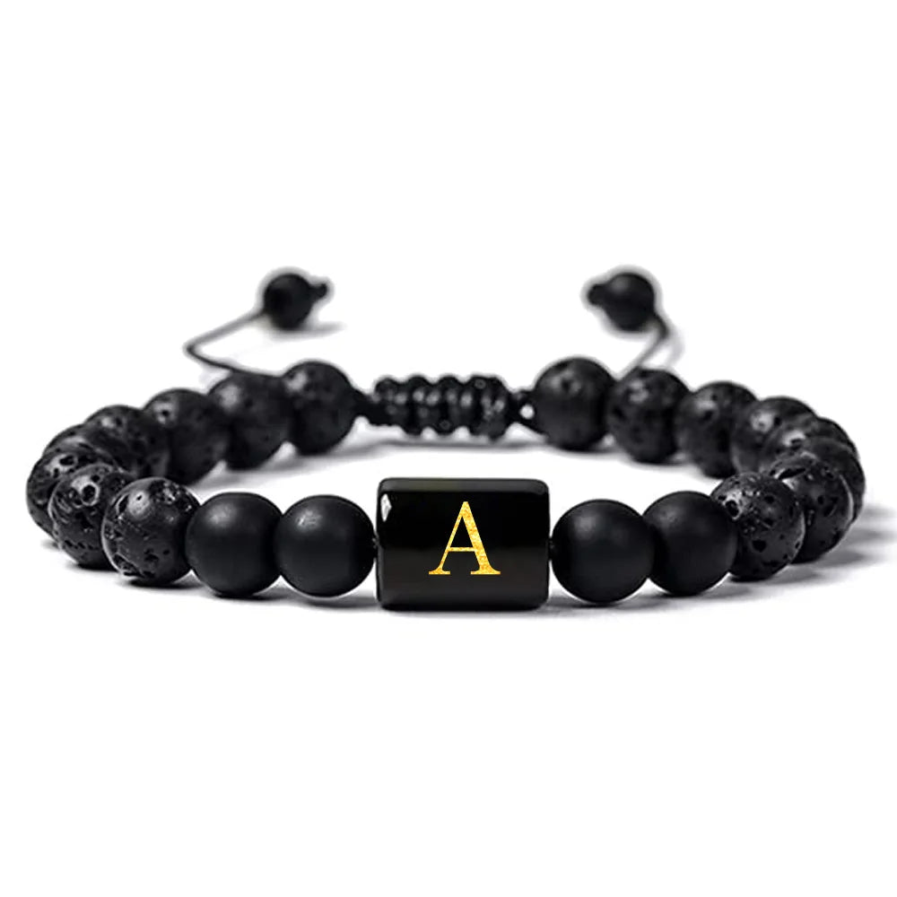 Black lava Rock Gemstone Bead Initial Letter Alphabet Charm Bracelet Handmade Adjustable Bracelet China Supplier Manufacturer