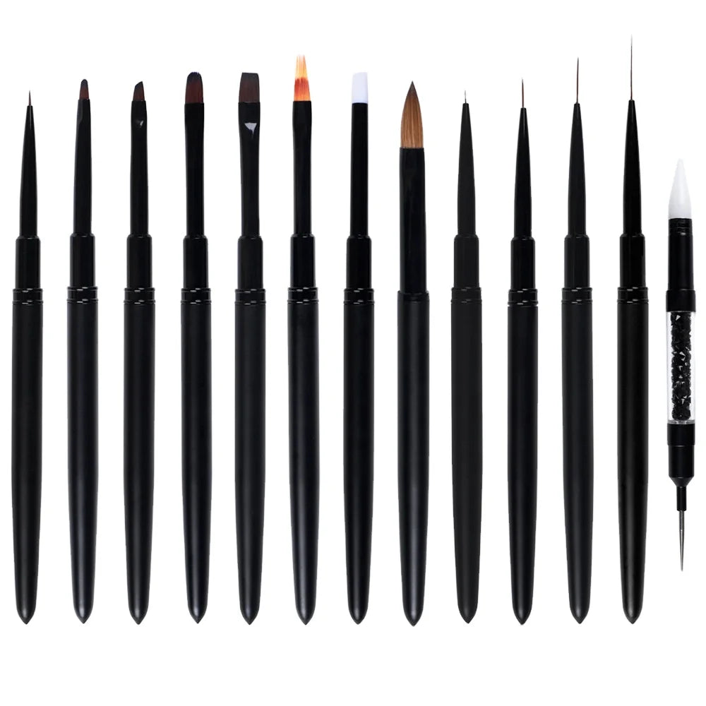 Customized Black Metal Handle Nail Brush Set Synthetic Nylon Silicone Art Dotting Brushes PVC Tube for Painting UV Gel Liner