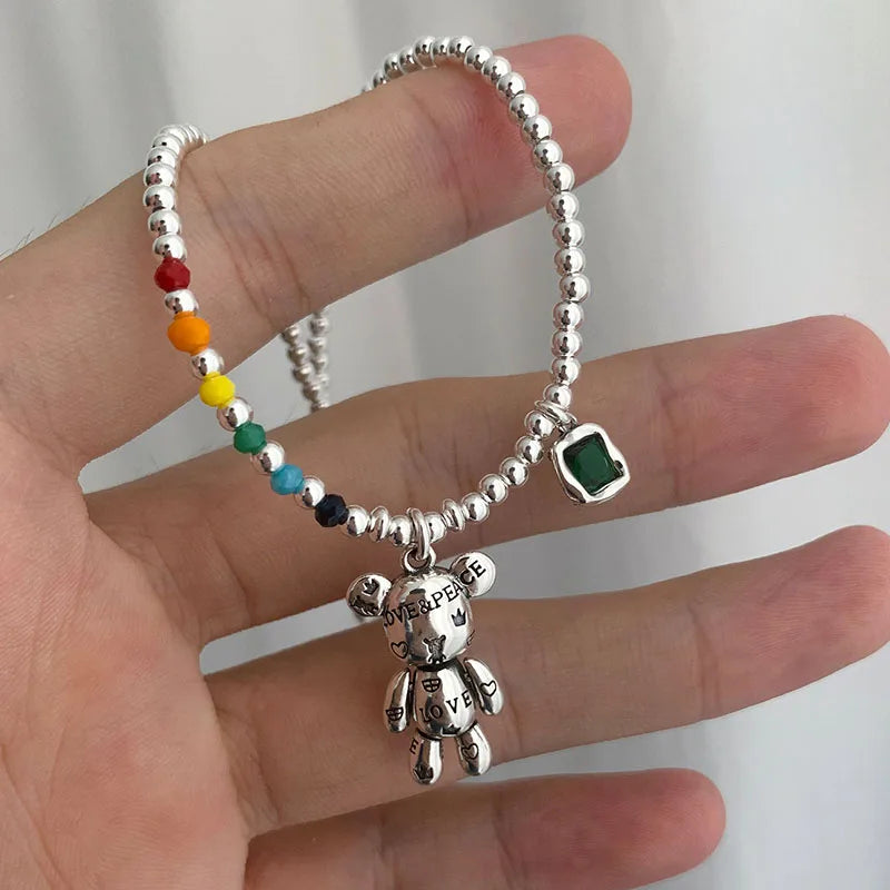France Copper Alloy Necklace Bracelet Jewelry Trend Simple String Candy Beads Design Bear Zircon Pendant Party Jewelry