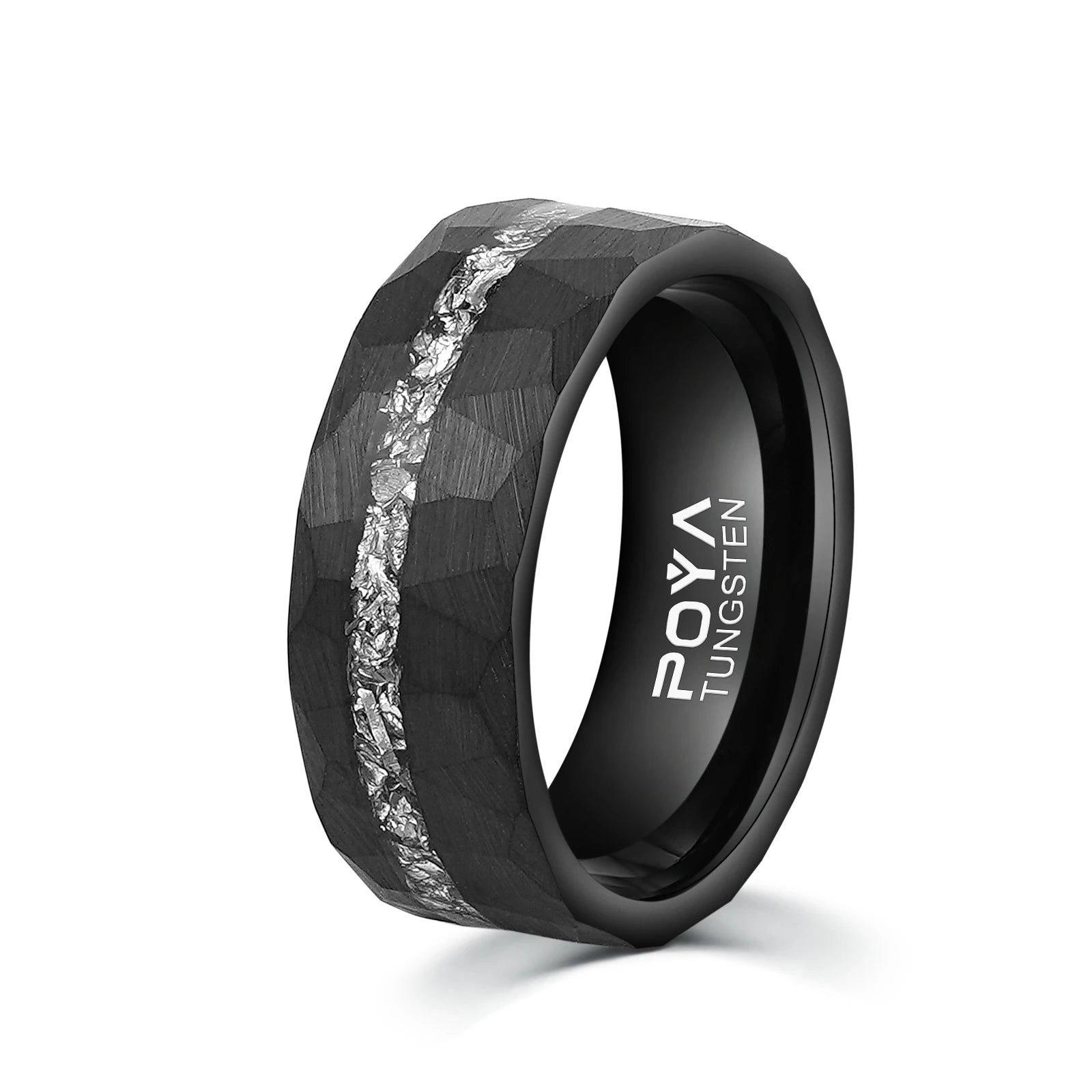 Poya Men Wedding Jewelry 8mm Black Faceted Hammered Meteorite Shaving Tungsten Rings