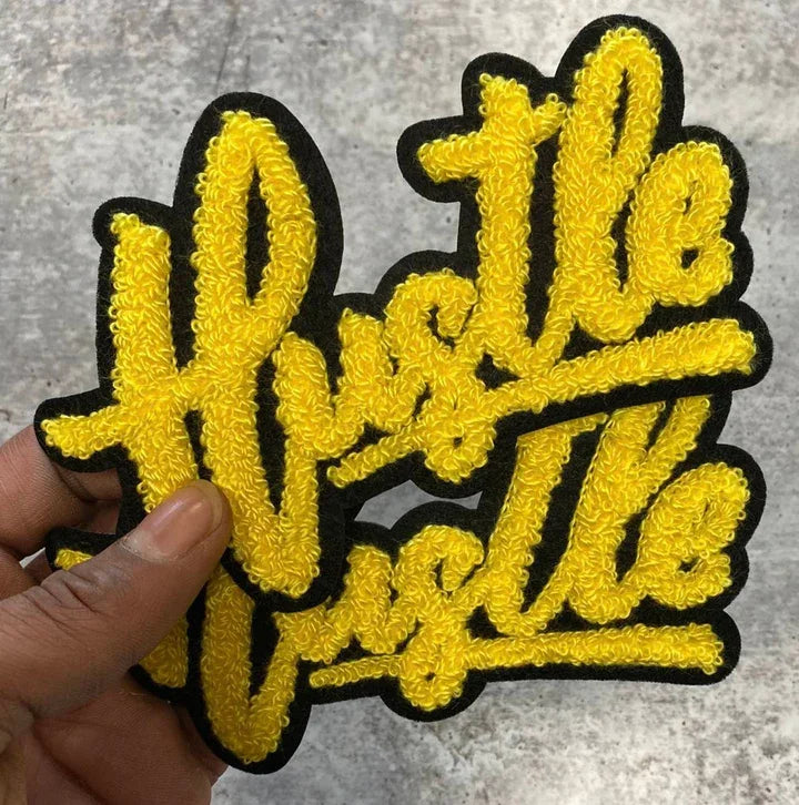 Yellow "Hustle" Chenille Patch Varsity Patch for Denim Camos Hoodies Small Patch