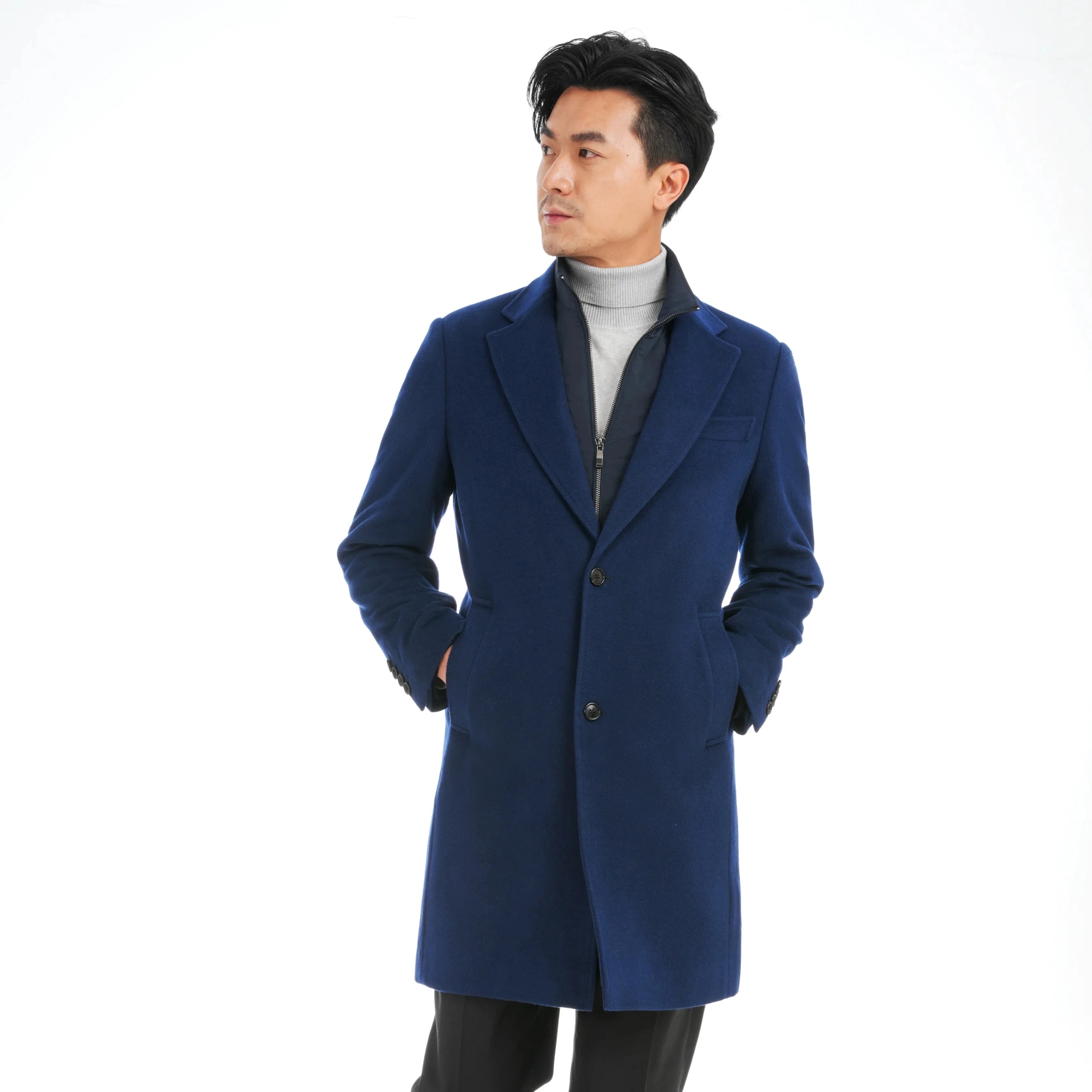 Bosha MTM Custom Men's Woolen Overcoat Single Breasted Long Winter Coat Ocean Blue Dyed Cashmere Fabric Trench Overlapping