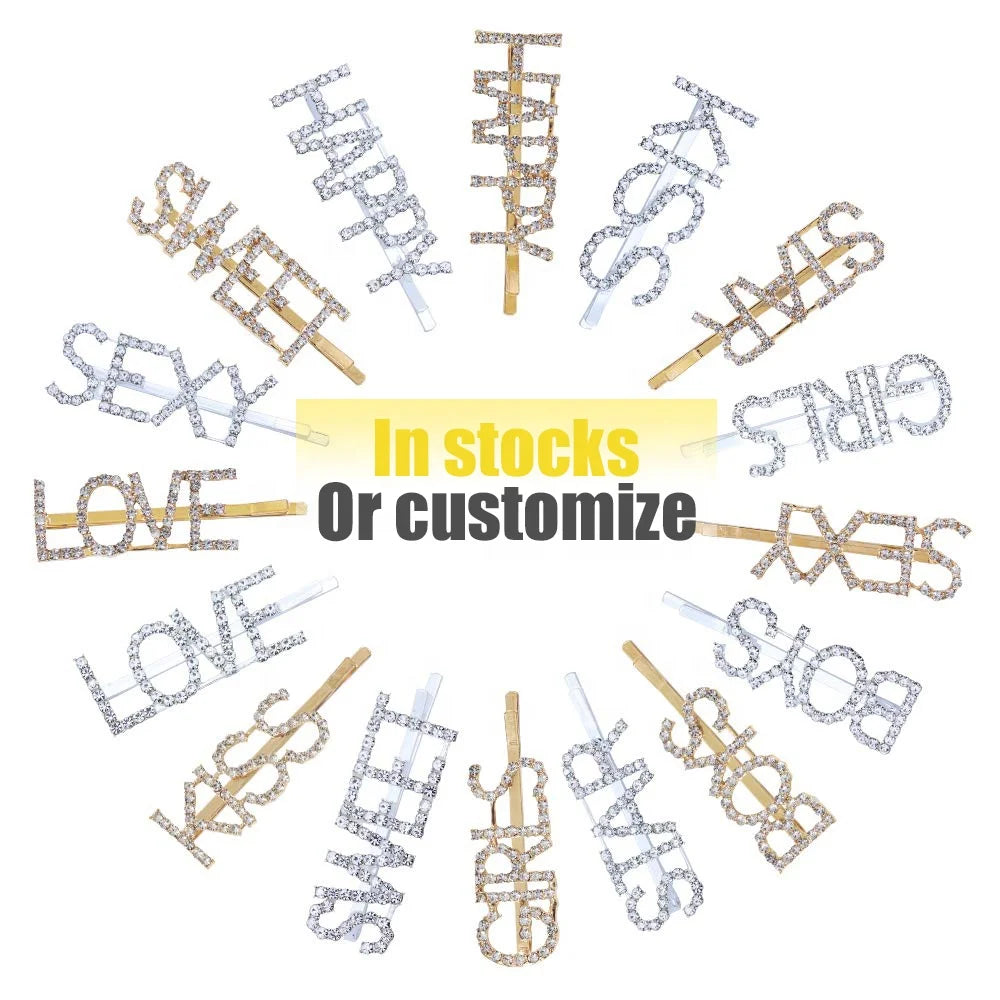 INS Hot Sale CHENGHE Hair Accessories Crystals Letter Rhinestone Hair Clips Bobby Pin Custom Word Hair Pins for Girls