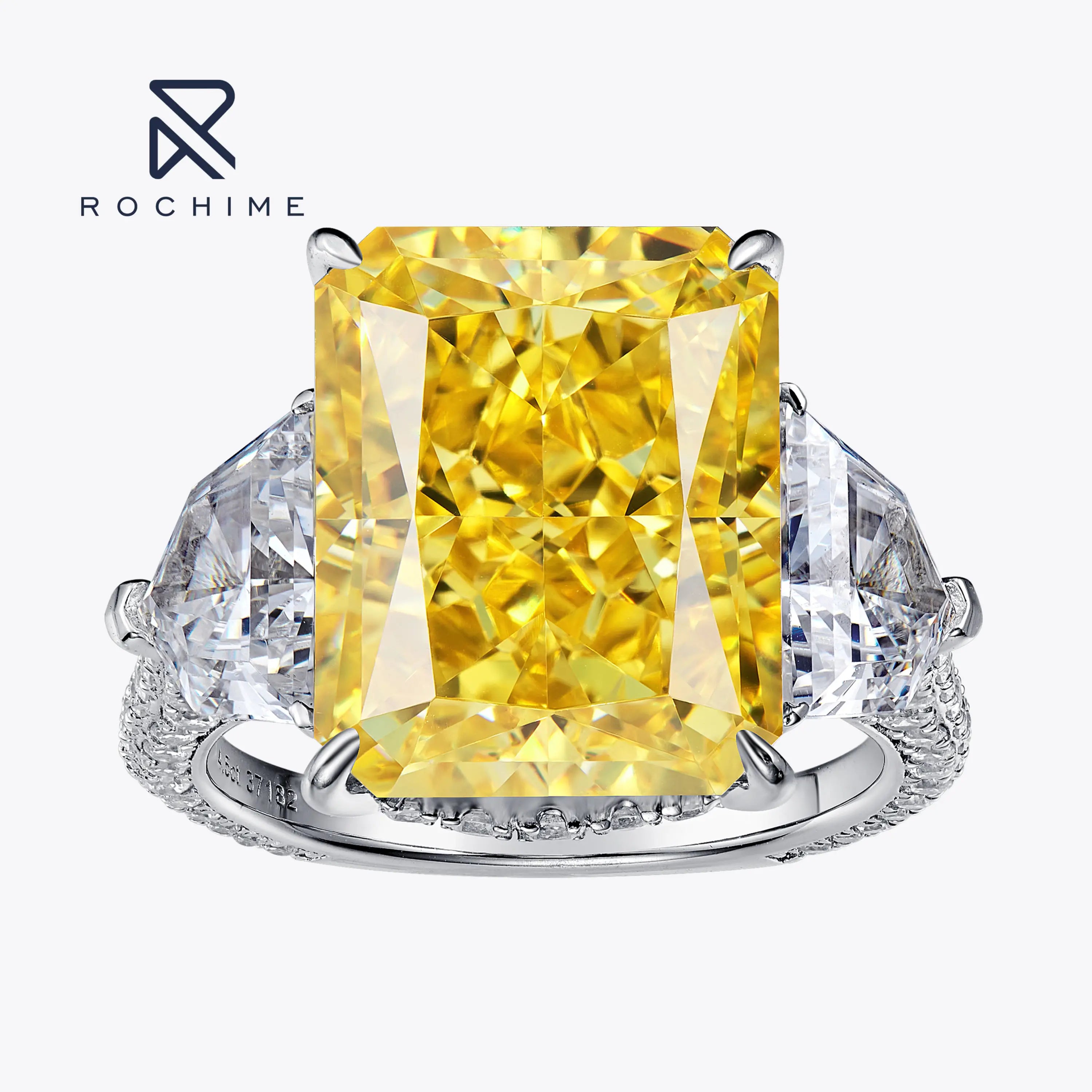 Rochime Luxury  Yellow Gemstone Cz Diamond Rings 925 Silver Rhodium Plated Zircon  Fine Jewelry  Ring Women
