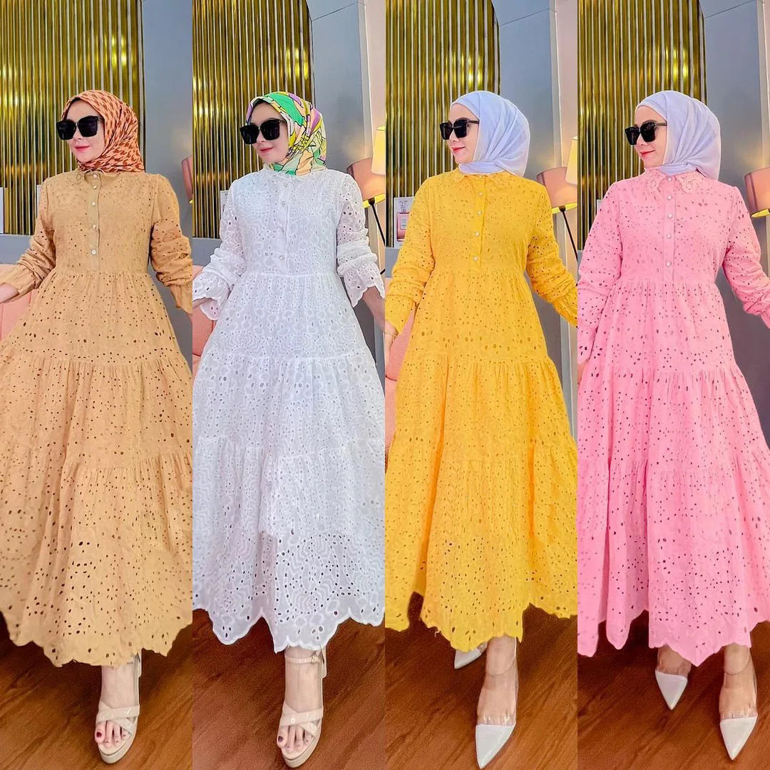 Muslim Southeast Asia Indonesian Ladies Hot Sale Dress Embroidery Hollow Lace Dress Modest Outfits Abaya Women Muslim Dress