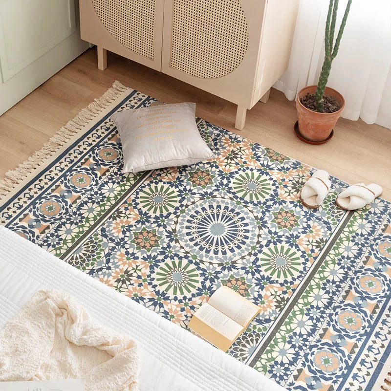 Y-Z Vintage Bohemian Hand Tassel Ethnic Woven Cotton Linen Carpets Creative Bedside Geometric Floor Mat Long Rug