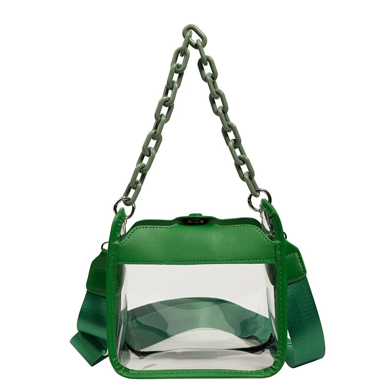 Women's Customized Fashion Chain Crossbody Bag Wholesale Transparent PVC Messenger Bag with Button Closure Lady Style