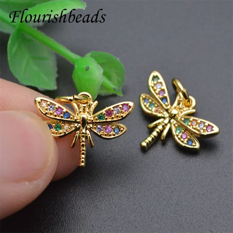 Jewelries Supplier Gold Plated Colorful White CZ Pave Dragonfly Charm Pendant