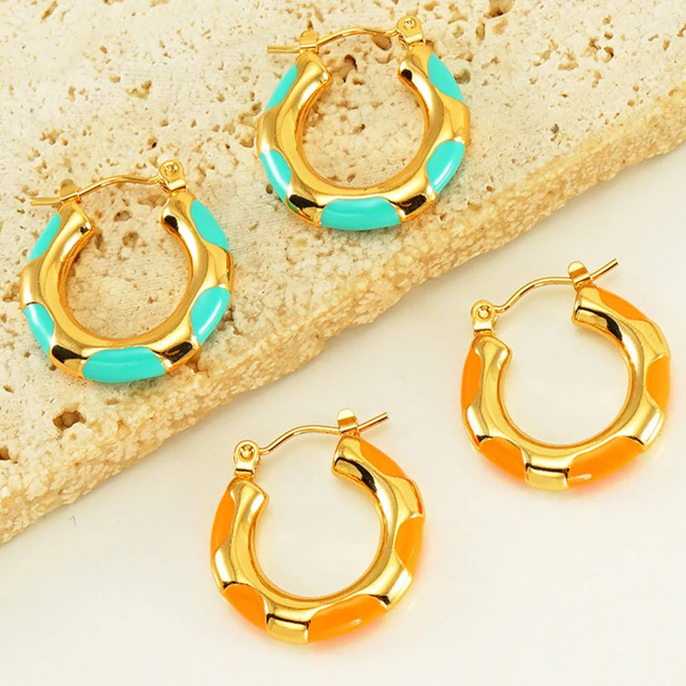 Fashion Trendy Boho Stainless Steel Colored Blue Orange Enamel Oil 2cm Hoop Earring for Women