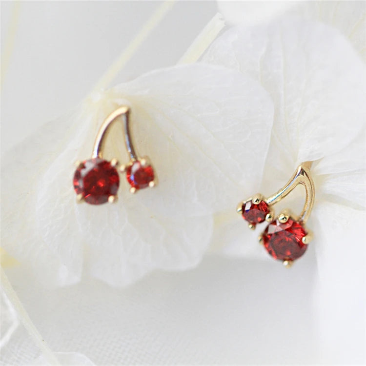 2025 Cute Gold Plated Sterling Silver Red Zircon Fruit Stud Earrings