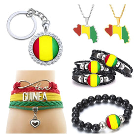 50 Models Guinea Flag Map Pendant Key Chain Ring Cuff Link Tie Clip Necklace Bracelet Earrings Brooch Lapel Pin Jewelry Set
