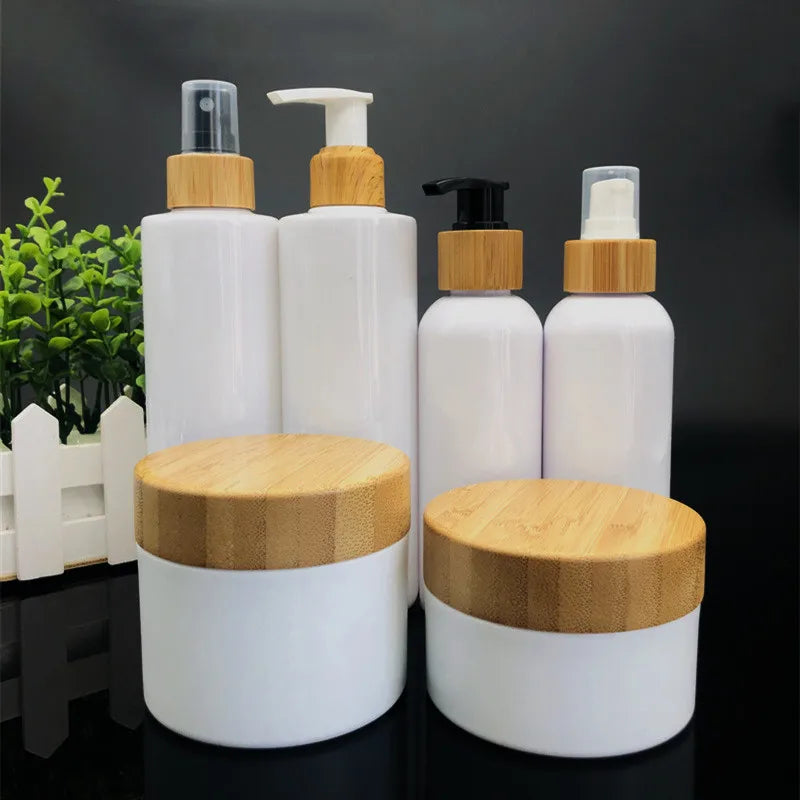 Bamboo Cosmetic Packaging 50ml 100ml 120ml 150ml 200ml 250ml 500ml  pp Plastic White Jar and Bottle Set with Bamboo Lid