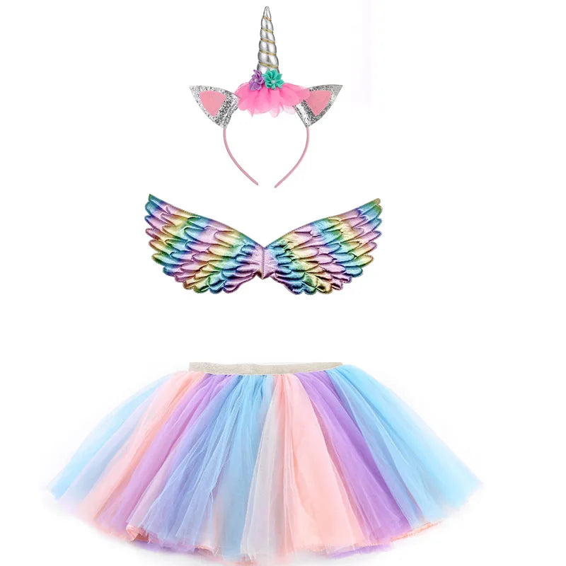 Hot Sale Latin Children Little Girls Layered Rainbow Tutu Skirts with Unicorn Horn Headband Wing