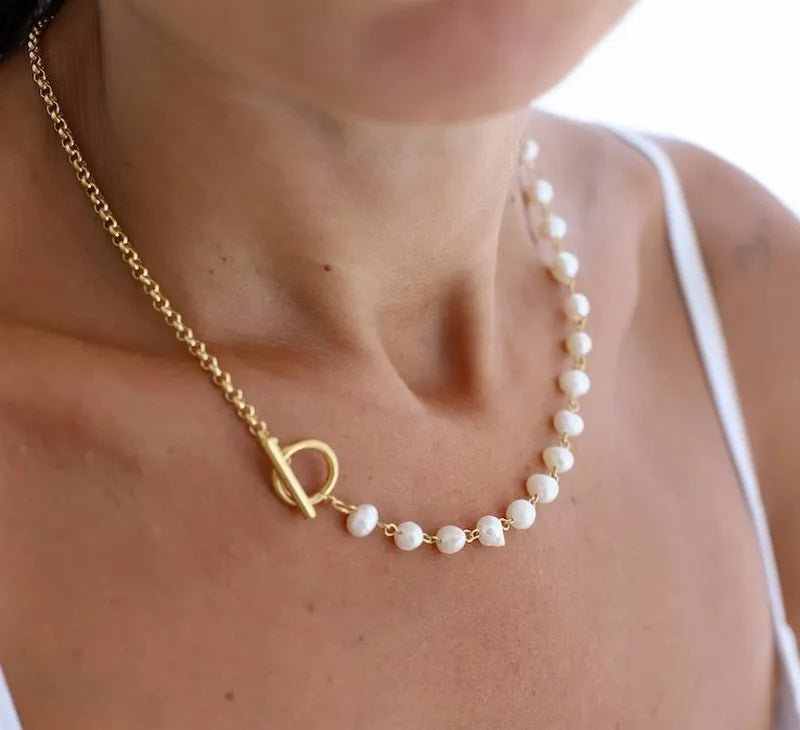 Zooying T Bar 18K Gold Filled Toggle Necklace with Pearl Summer Jewelry