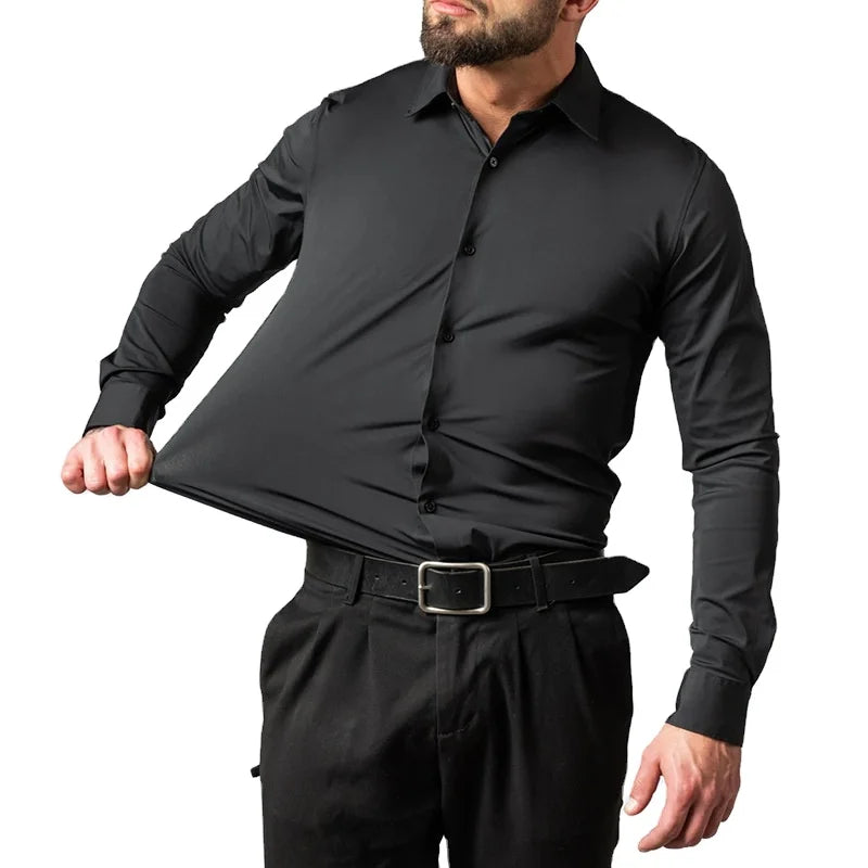 RNSHANGER Four-Way Stretch Non-Iron Mens Long-Sleeved Shirt Mercerized Vertical Sense European Size Men's Dress Shirts