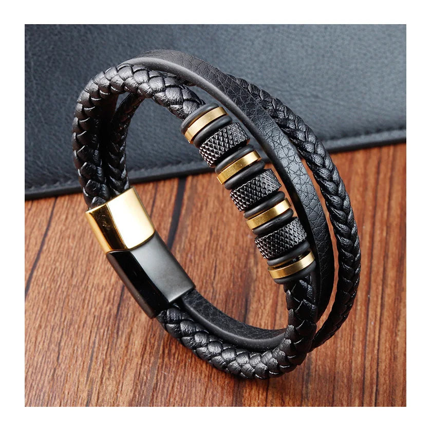 Hotsale Stainless Steel Black Gold Plated Bangle Handmade Multilayer Braided Bracelet Men Leather Magnetic Bracelet Customized