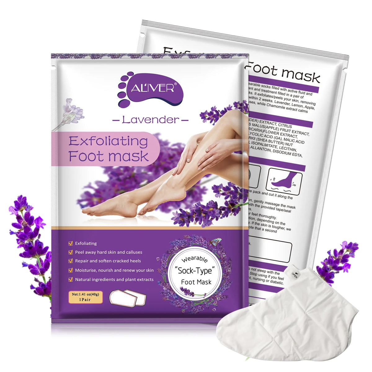 ALIVER Private Label Lavender Peeling Foot Mask Natural Moisturizing Exfoliating Foot Masking Socks for Dead Skin Callus Remover