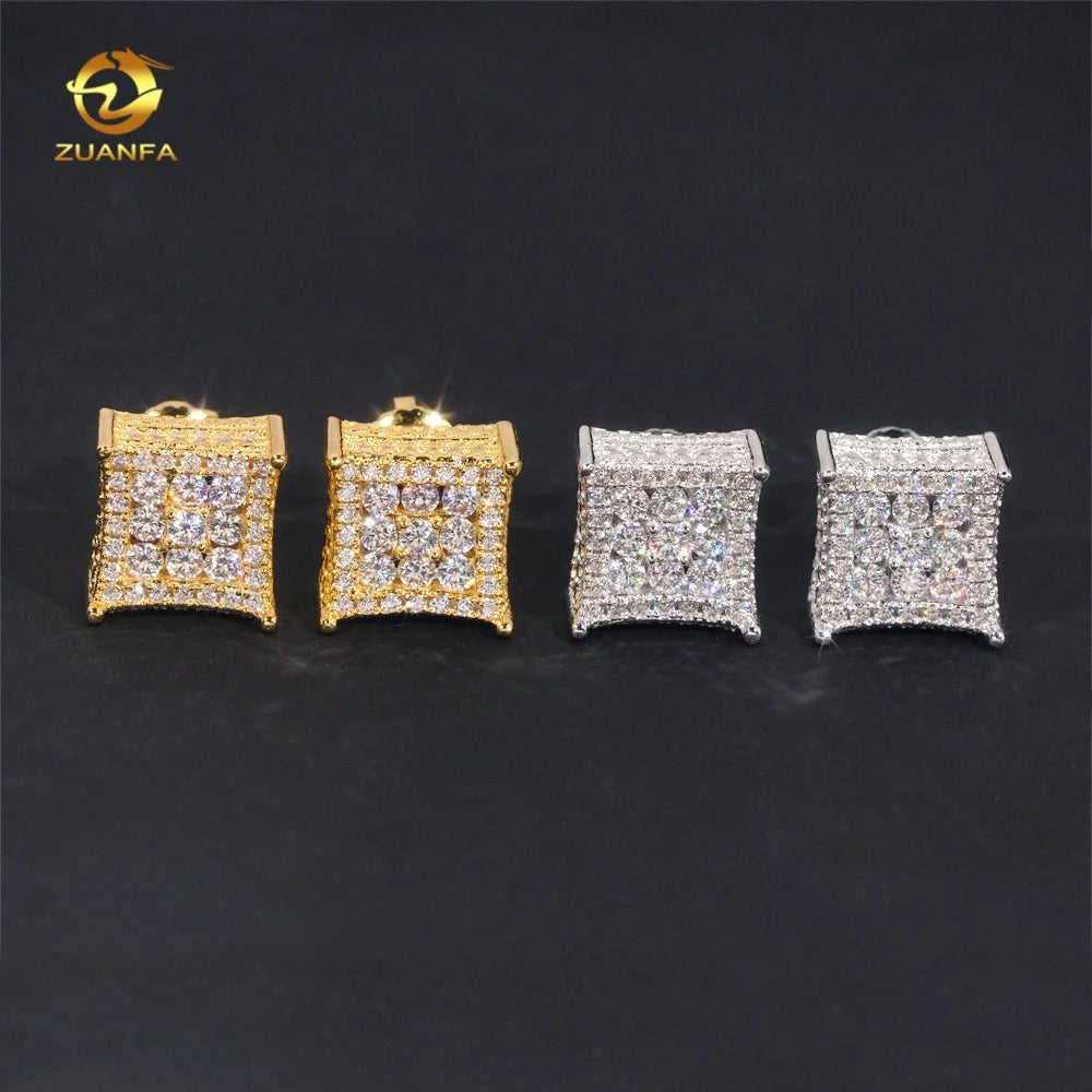 Wholesale Price High Quality Fashion 925 Sterling Silver Moissanite Diamond Gold Plated Square Iced Out Men Earrings