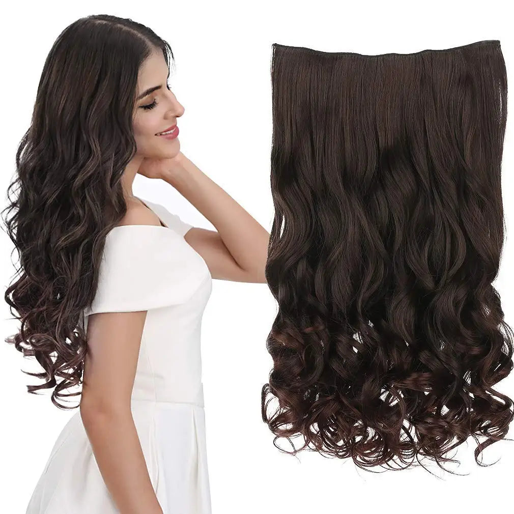 REECHO 20" Dark Brown Synthetic 3/4 Full Head Curly Wave Clips-in Extensions with Machine Double Weft 5 Clips 4.5 Oz