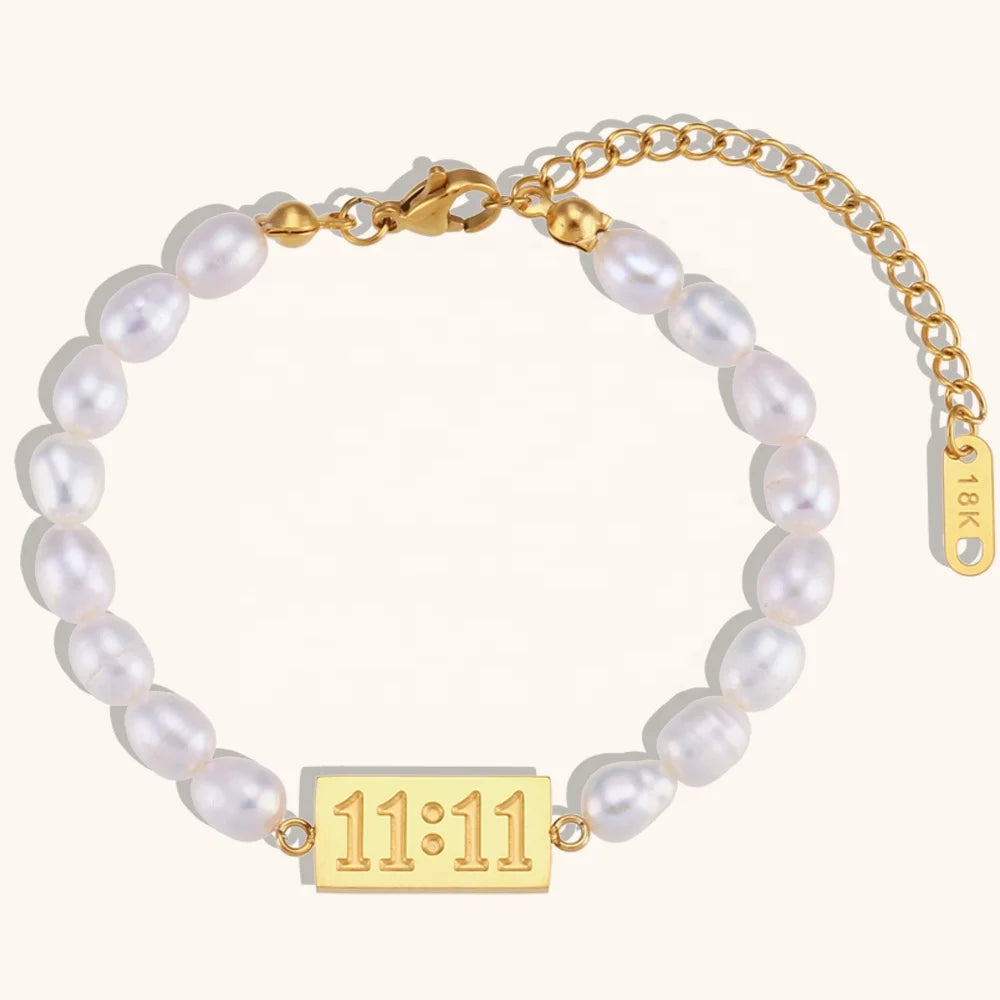 Dingran Trendy Number 11:11 Fresh Water Pearl Beaded Chain Bracelet Bangles Jewelry Women Gold Plated